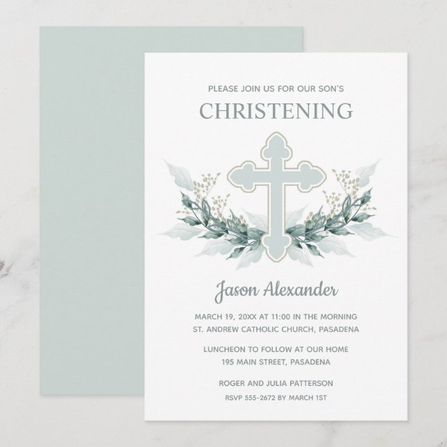 Convite Watercolor Cross Christening (Frente/Verso)