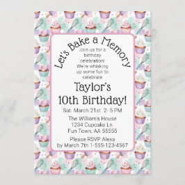 Convite Watercolor Cupcake Birthday Let's Bake a Memory