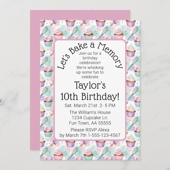 Convite Watercolor Cupcake Birthday Let's Bake a Memory (Frente/Verso)