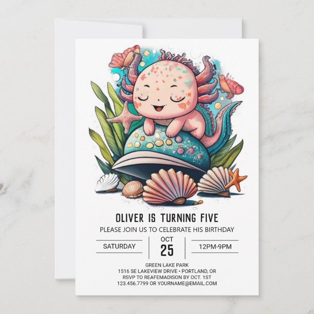 Convite Watercolor Cute Axolotl Birthday (Frente)