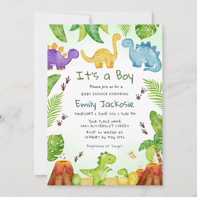 Convite Watercolor Cute Boho Dinossaur Greenere Boy Baby (Frente)