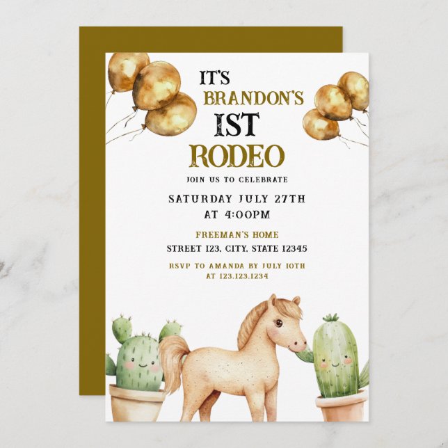 Convite Watercolor Cute Cowboy 1rua Rodeio Aniversário (Frente/Verso)