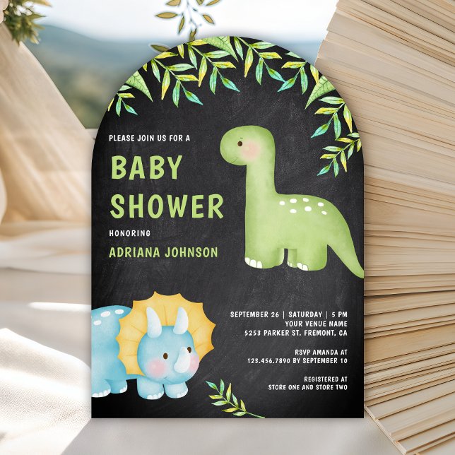 Convite Watercolor Cute Dinosaur Chalkboard Baby Shower (Criador carregado)
