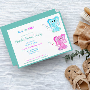 Convite Watercolor Cute Elephants Gender Reveal Party