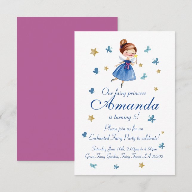 Convite Watercolor CUTE Fairy Princess Butterfly Aniversár (Frente/Verso)