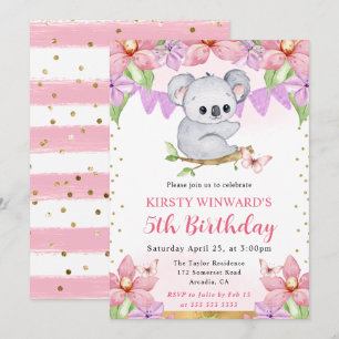 Convite Watercolor Cute Koala e Flores Tropicais Aniversár