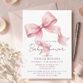 Convite Watercolor Cute Pink Bow Baby Shower Invitation