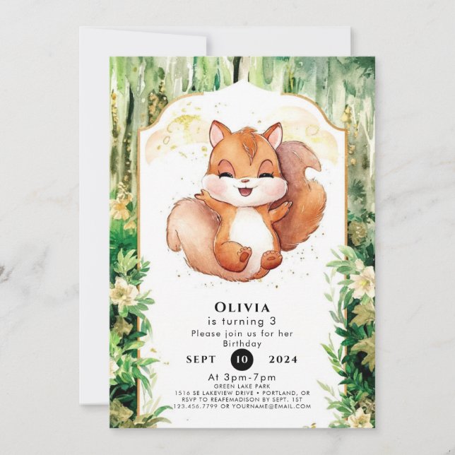 Convite Watercolor Cute Squirrel Birthday (Frente)