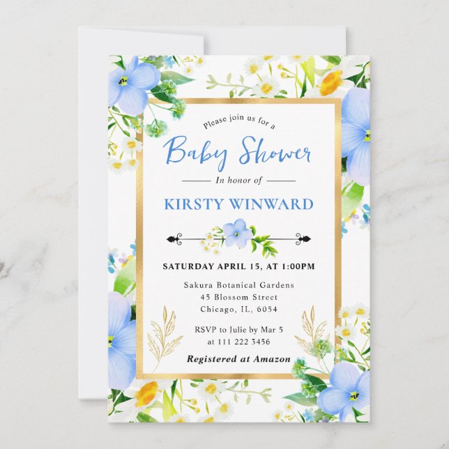 Convite Watercolor Daisies and Blue Flowers Baby Shower (Frente)