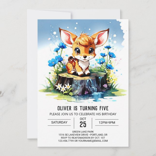 Convite Watercolor Deer Boho Boy Birthday (Frente)
