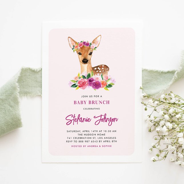 Convite Watercolor Deer Purple Flowers Baby Brunch (Criador carregado)