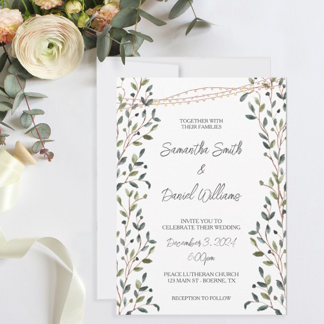 Convite Watercolor Deixa Casamento Verde (Pretty greenery and fairy lights decorate these wedding invitations.)