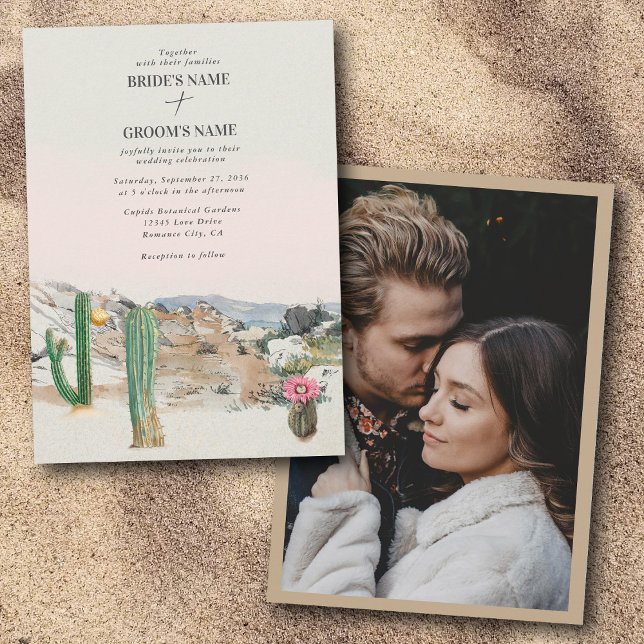 Convite Watercolor Desert Cactus Boho Wedding Custom Photo (Watercolor Desert Cactus Boho Wedding Custom Photo Invitation)