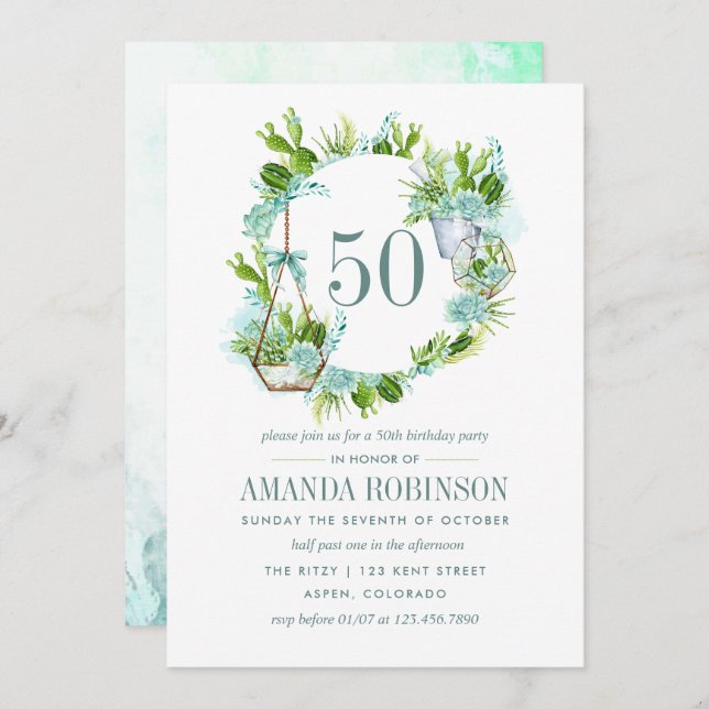 Convite Watercolor Desert Cactus Suculenta 50º aniversário (Frente/Verso)