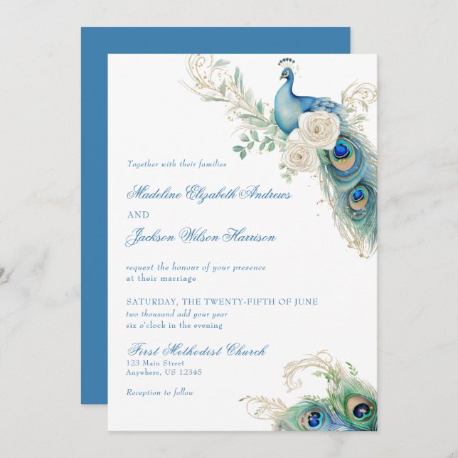 Convite Watercolor Designer Blue Monogram Crest Wedding (Frente/Verso)