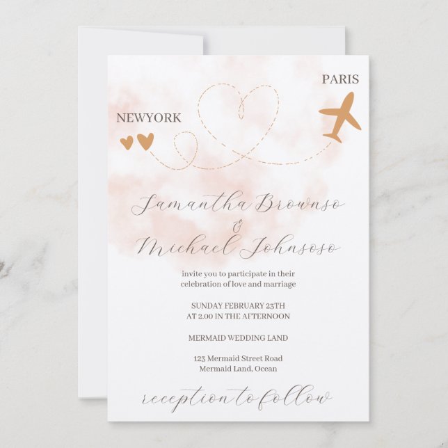Convite Watercolor Destination plane flight abroad wedding (Frente)