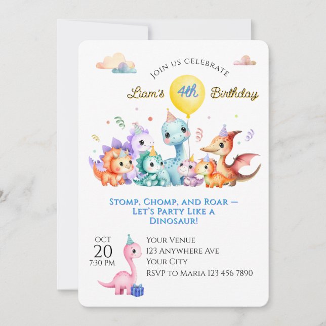 Convite Watercolor Dino Birthday Party (Frente)