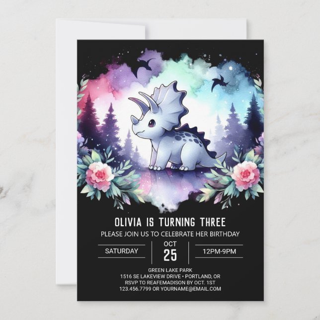 Convite Watercolor Dino Triceratops Birthday (Frente)