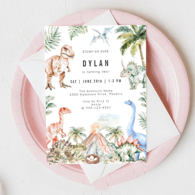 Convite Watercolor Dinosaur Kids Birthday Party Invitation (Criador carregado)