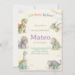 Convite Watercolor Dinosaur Superhero Birthday