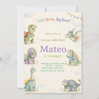 Convite Watercolor Dinosaur Superhero Birthday