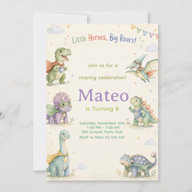 Convite Watercolor Dinosaur Superhero Birthday (Frente)