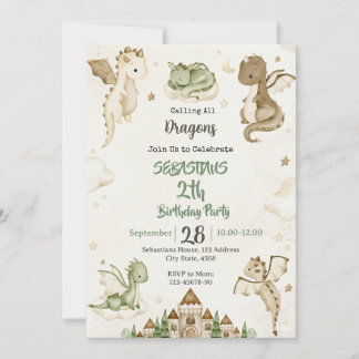 Convite Watercolor Dragon Birthday Party Invitation