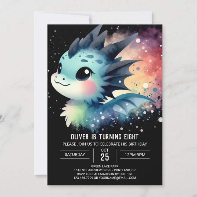 Convite Watercolor Dreamy Dragon Birthday (Frente)