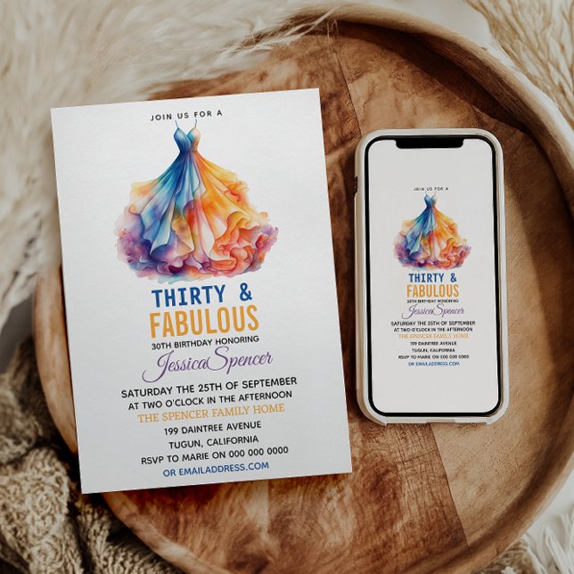 Convite Watercolor Dress 30th Birthday Elegant & Feminine  (Criador carregado)