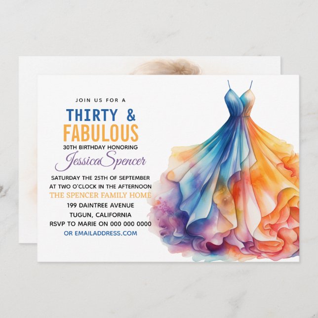 Convite Watercolor Dress 30th Birthday Elegant & Feminine  (Frente/Verso)