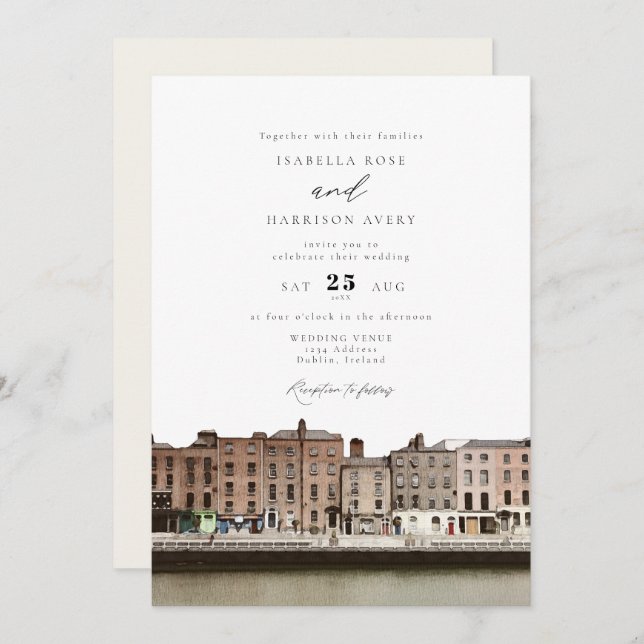 Convite Watercolor Dublin Irlanda Skyline River Wedding (Frente/Verso)