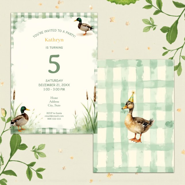 Convite Watercolor Duck Teal, Yellow First Birthday Party (Criador carregado)