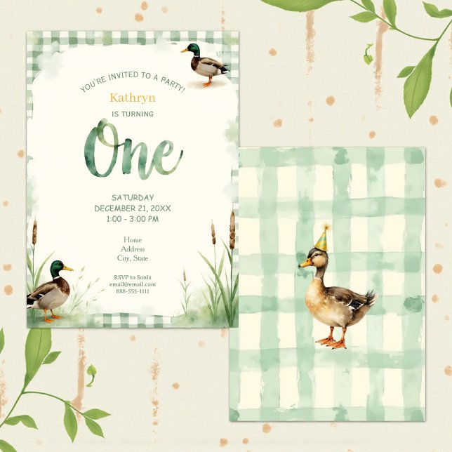 Convite Watercolor Duck Teal, Yellow First Birthday Party (Criador carregado)