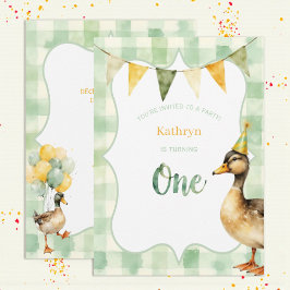 Convite Watercolor Duck Teal, Yellow First Birthday Party