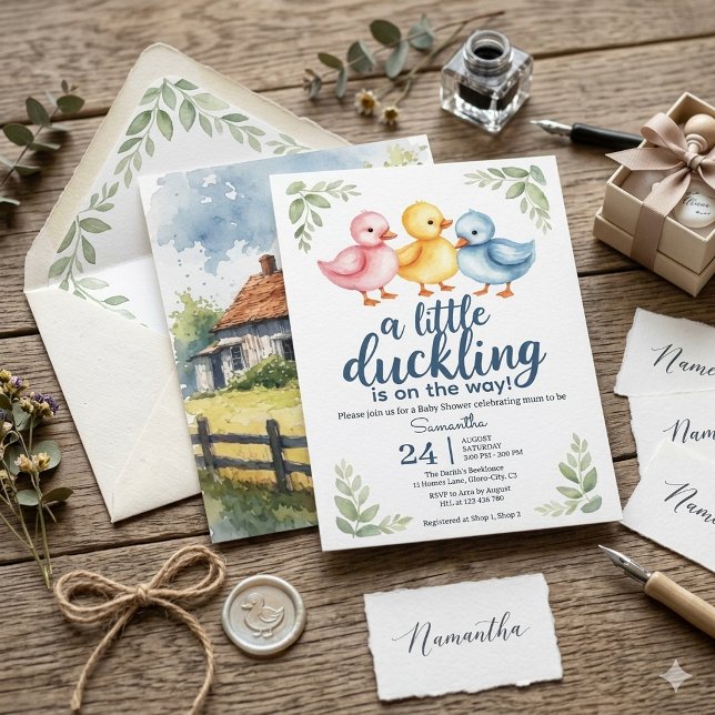 Convite Watercolor Duckling Baby Shower Invitation  (Criador carregado)