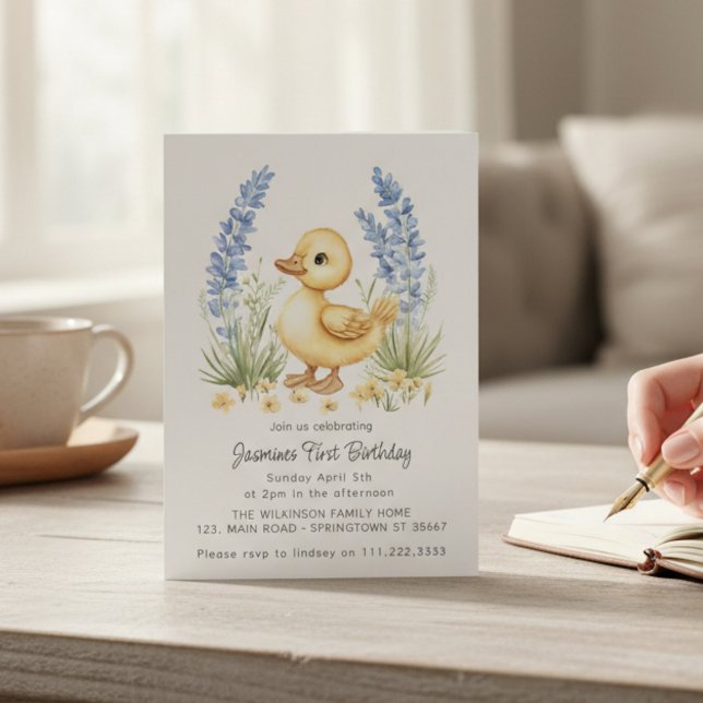Convite Watercolor Duckling First Birthday Invitation (Criador carregado)