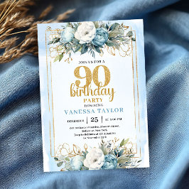 Convite Watercolor Dusty Blue 90th Birthday Party Invite