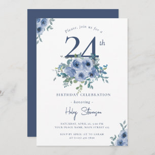 Convite Watercolor Dusty Blue Floral 24º aniversário do Qu