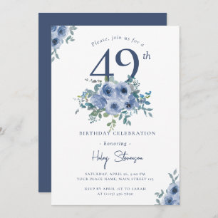Convite Watercolor Dusty Blue Floral 49º aniversário do Qu