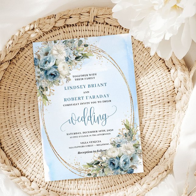 Convite Watercolor Dusty Blue Floral Gold Wedding Invite (Watercolor Dusty Blue Floral Gold Wedding Invitation)