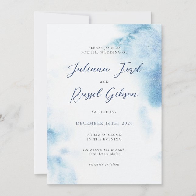 Convite Watercolor Dusty Blue Winter Wedding Invitation (Frente)