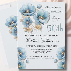 Convite Watercolor Elegant Blue Dourado Floral 50º Anivers