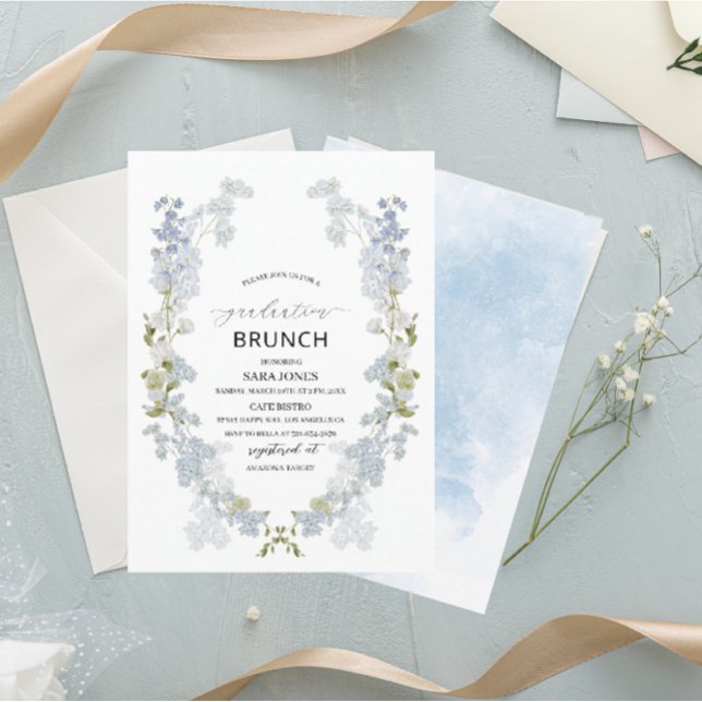 Convite Watercolor Elegant Blue Flars graduation Brunch (Criador carregado)