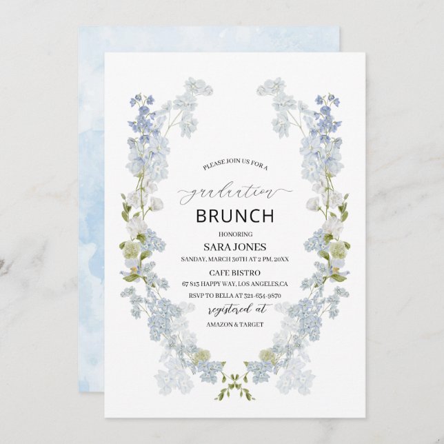 Convite Watercolor Elegant Blue Flars graduation Brunch (Frente/Verso)