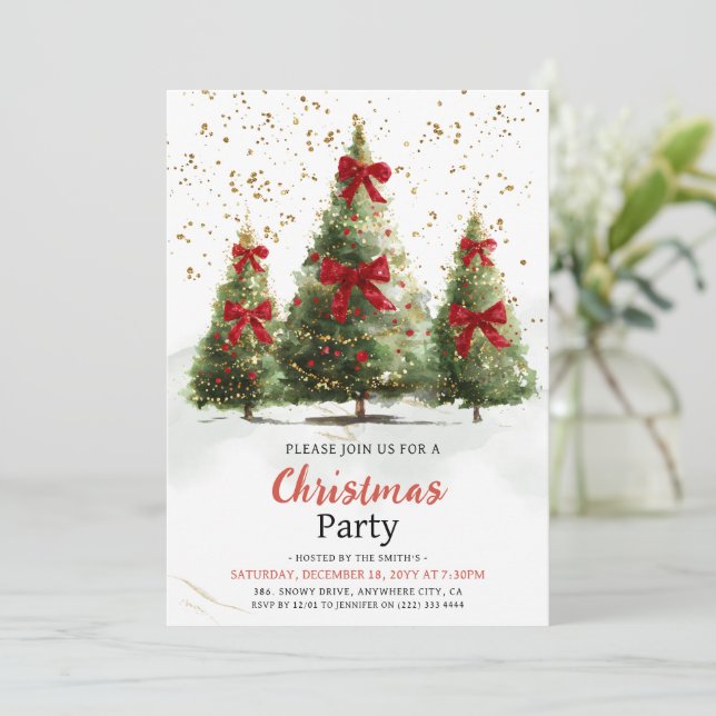 Convite Watercolor Elegant Christmas Tree Christmas Party  (Em pé/Frente)