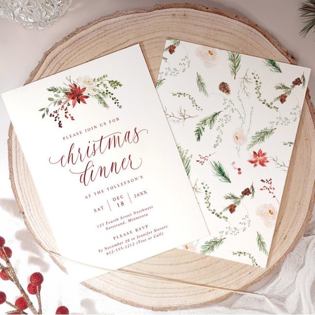 Convite Watercolor Elegant Script Christmas Dinner (Elegant Christmas dinner invitation with watercolor greenery and calligraphy script.)