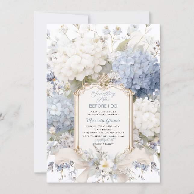 Convite Watercolor Elegant  Something Blue Bridal Shower (Frente)