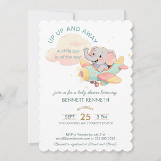 Convite Watercolor Elephant Airplane Boy Invitation