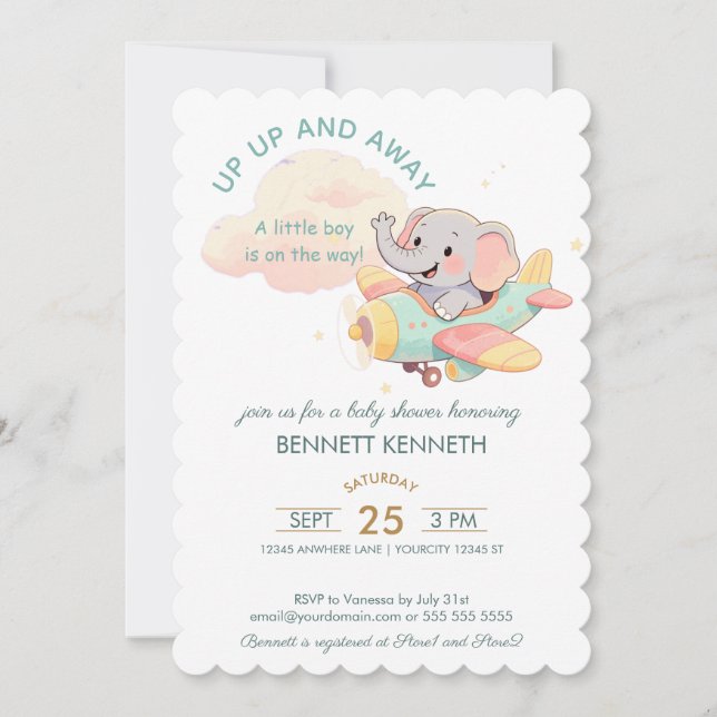 Convite Watercolor Elephant Airplane Boy Invitation (Frente)