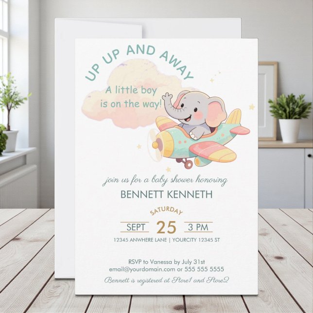 Convite Watercolor Elephant Airplane Boy Invitation (Criador carregado)